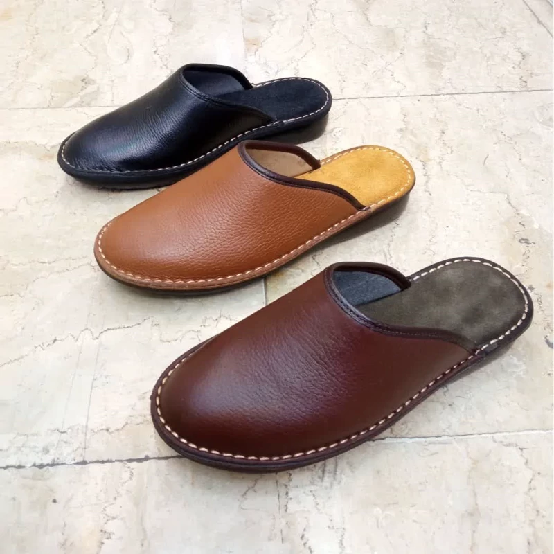 دمپایی مردانه چرم طبیعی مدل دورنگ